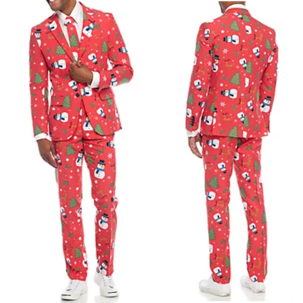 OppoSuits Red Christmaster Complete Suit Snowmen Reindeer Evergreens Size 38